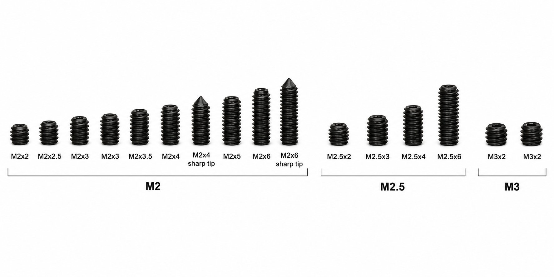 Slot car grub screws in M2, M2.5 and M3 sizes